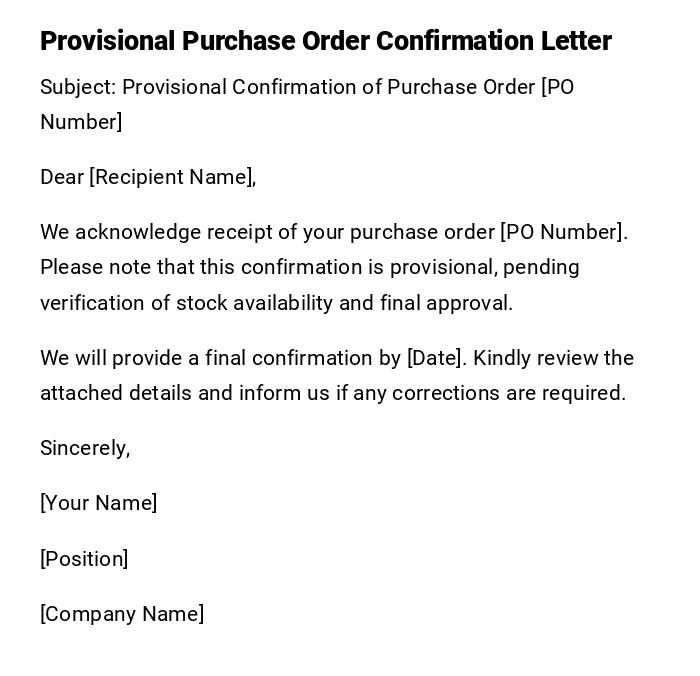 Provisional Purchase Order Confirmation Letter