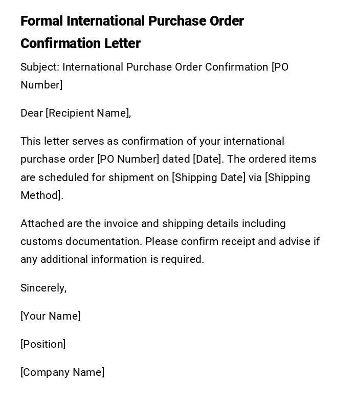 Formal International Purchase Order Confirmation Letter