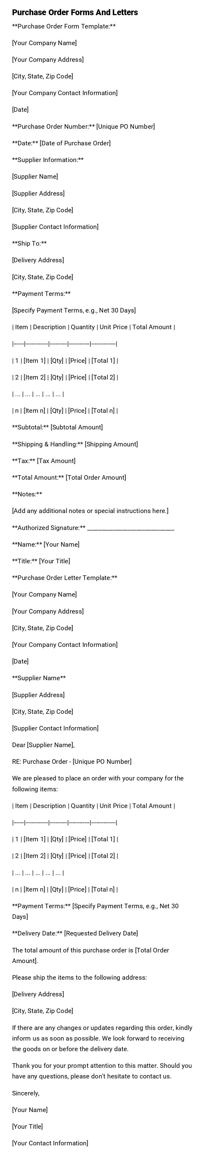 Purchase Order Forms And Letters