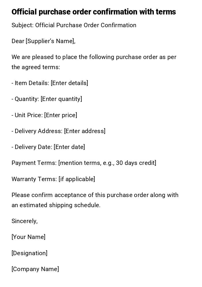 Official purchase order confirmation with terms