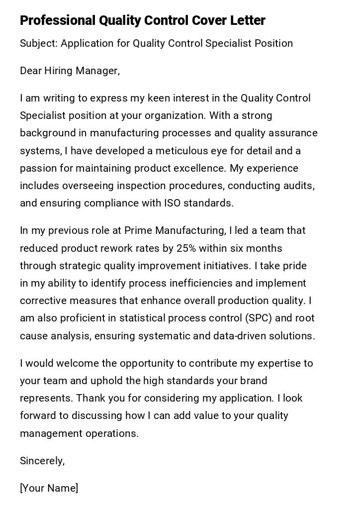 Professional Quality Control Cover Letter Professional Quality Control Cover Letter