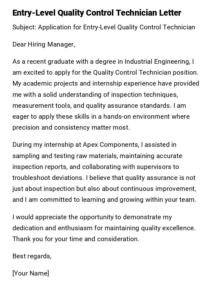 Entry-Level Quality Control Technician Letter Entry-Level Quality Control Technician Letter
