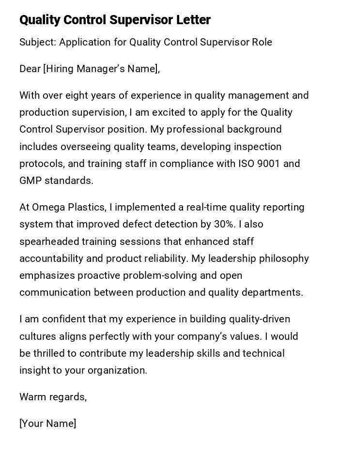 Quality Control Supervisor Letter Quality Control Supervisor Letter