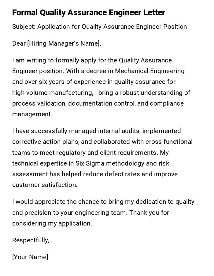 Formal Quality Assurance Engineer Letter Formal Quality Assurance Engineer Letter