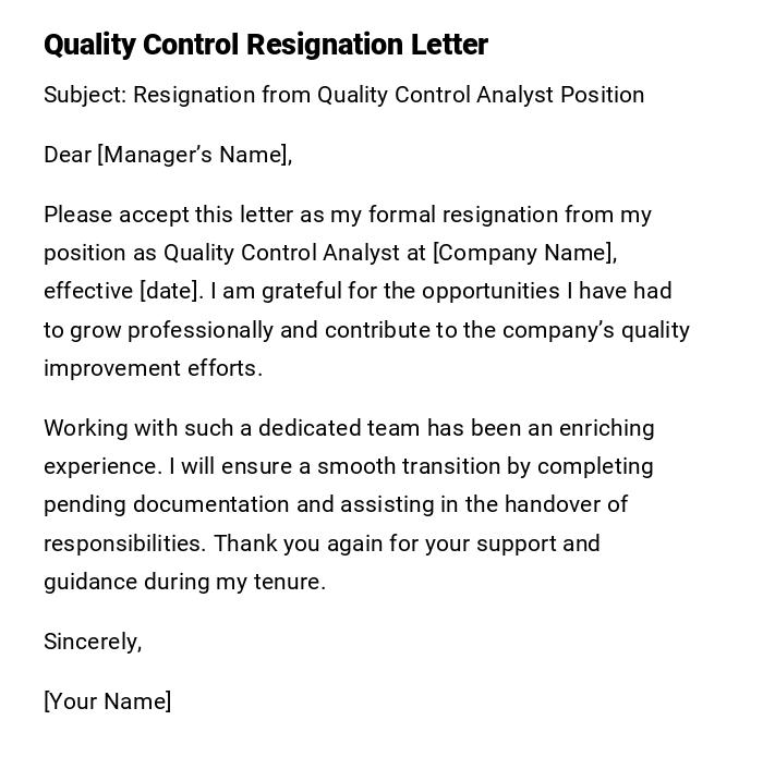 Quality Control Resignation Letter Quality Control Resignation Letter