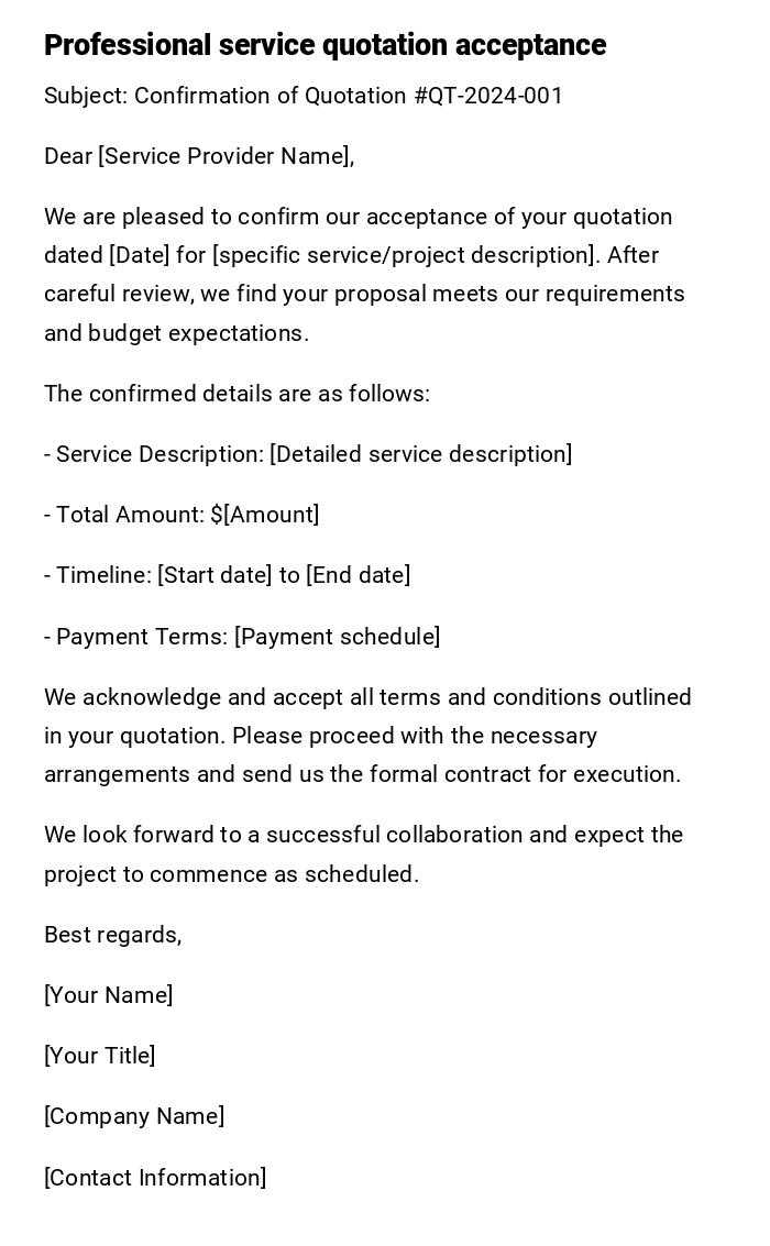 Professional service quotation acceptance