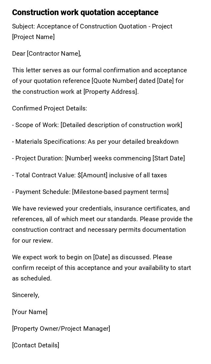 Construction work quotation acceptance