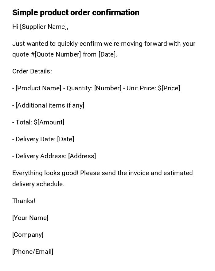 Simple product order confirmation