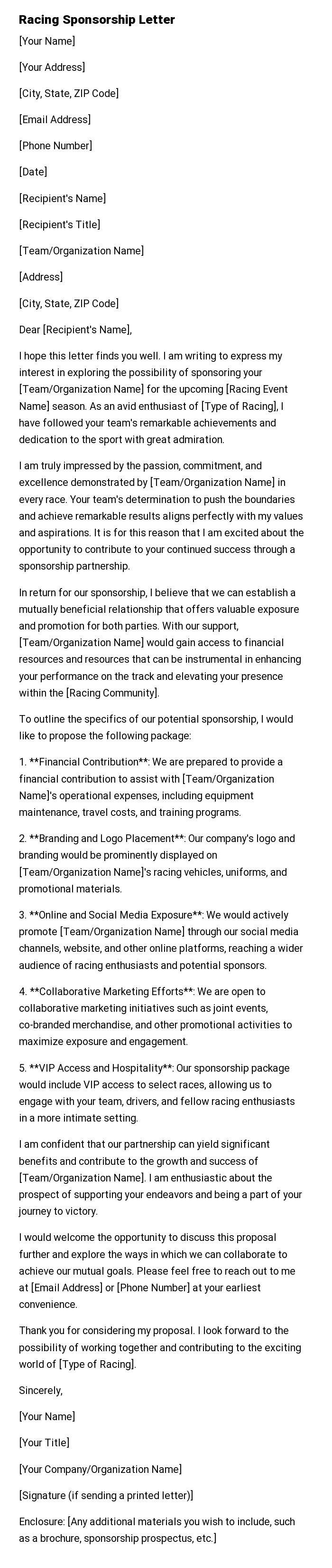 Racing Sponsorship Letter