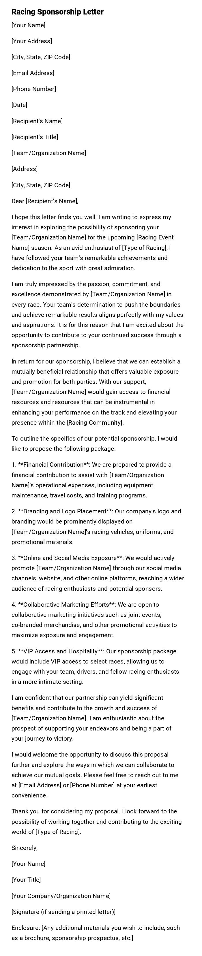 Racing Sponsorship Letter