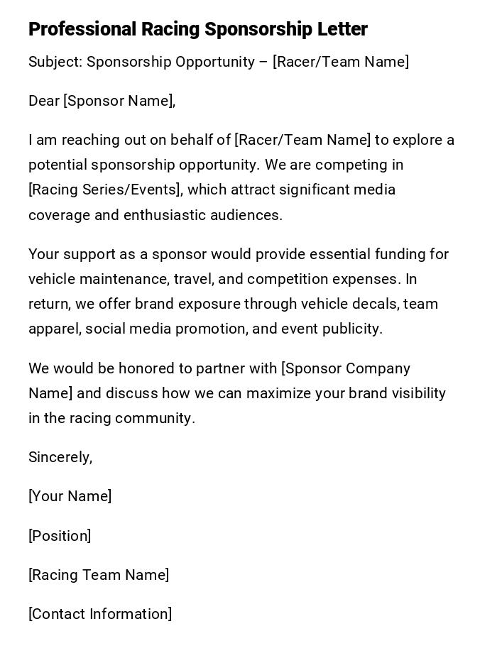 Professional Racing Sponsorship Letter Professional Racing Sponsorship Letter