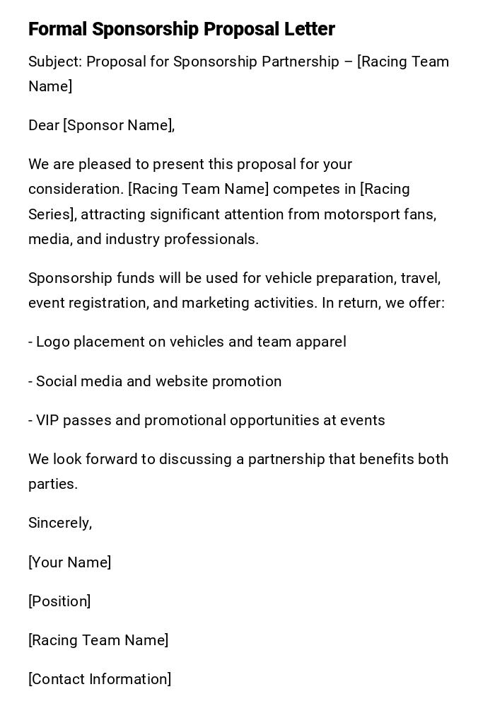 Formal Sponsorship Proposal Letter Formal Sponsorship Proposal Letter