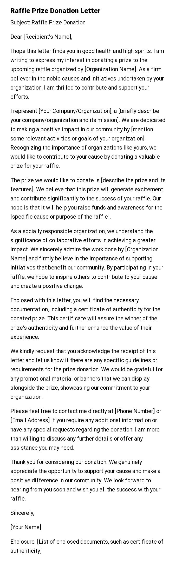 Raffle Prize Donation Letter