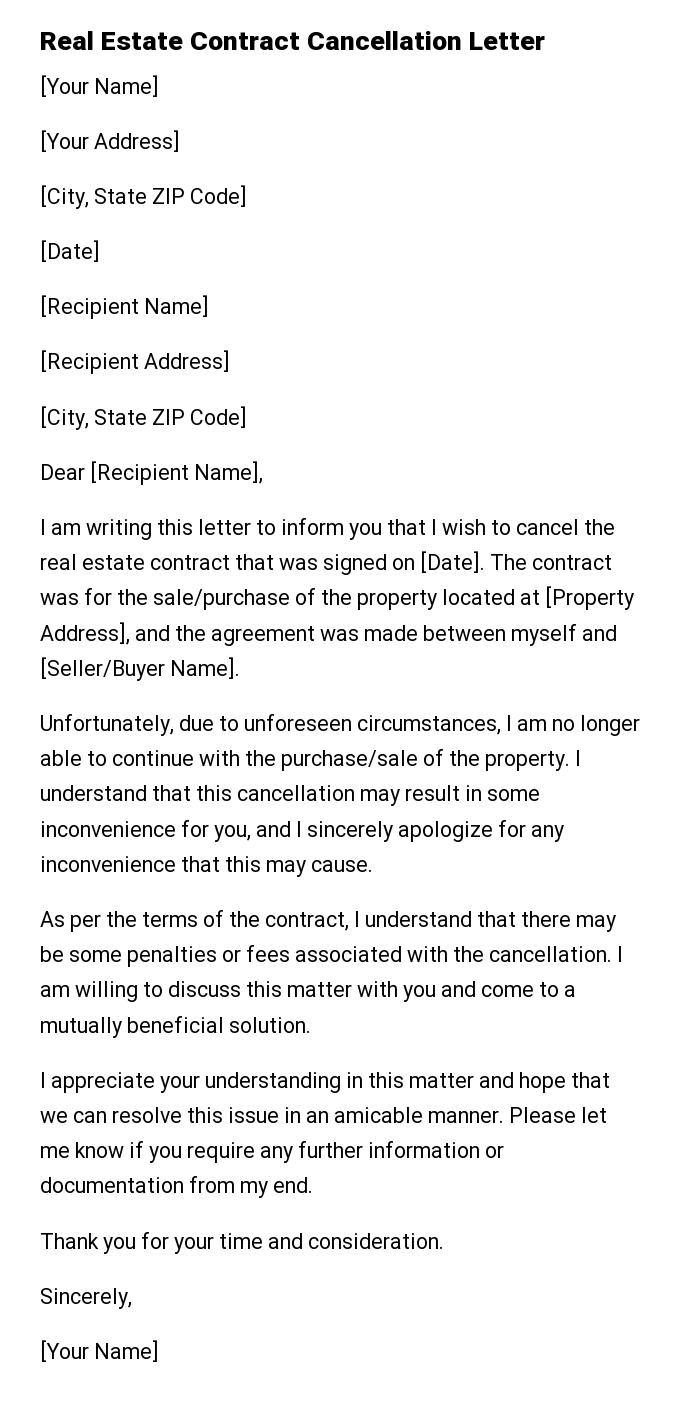 Real Estate Contract Cancellation Letter
