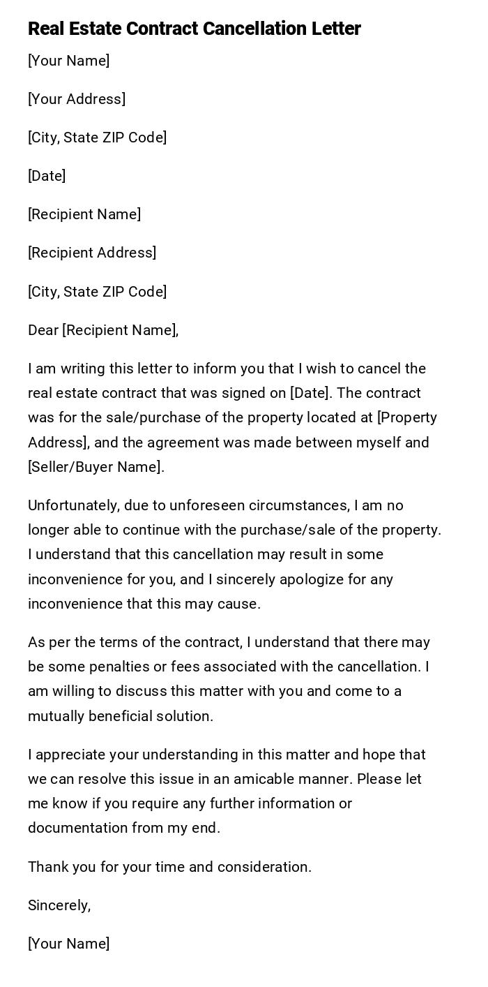 Real Estate Contract Cancellation Letter