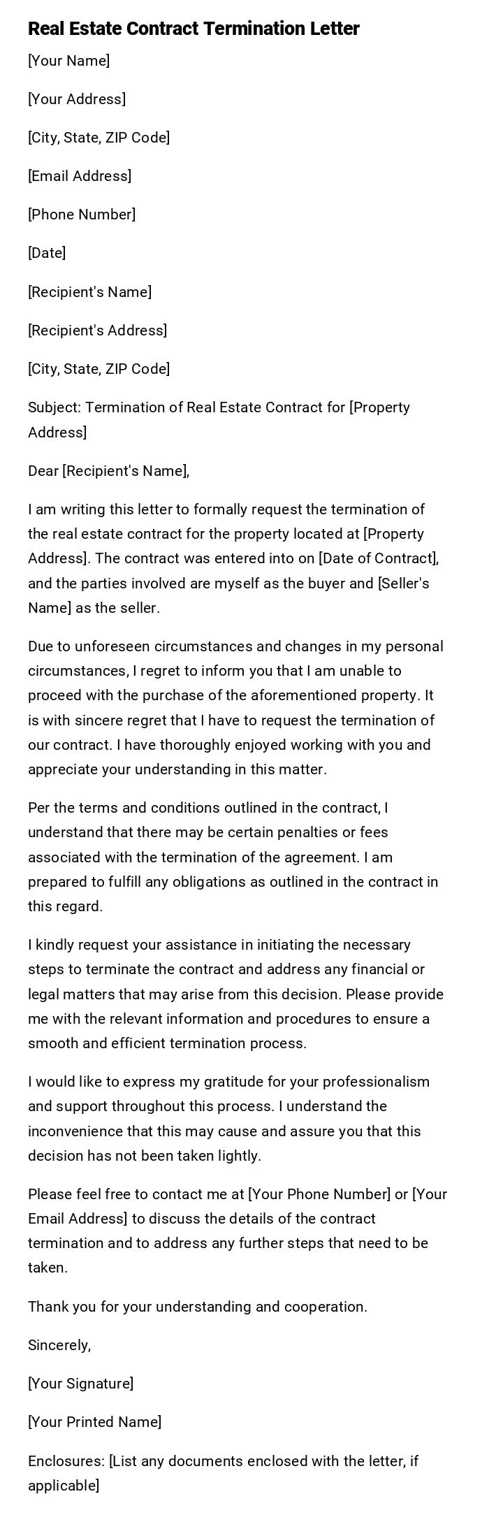 Real Estate Contract Termination Letter