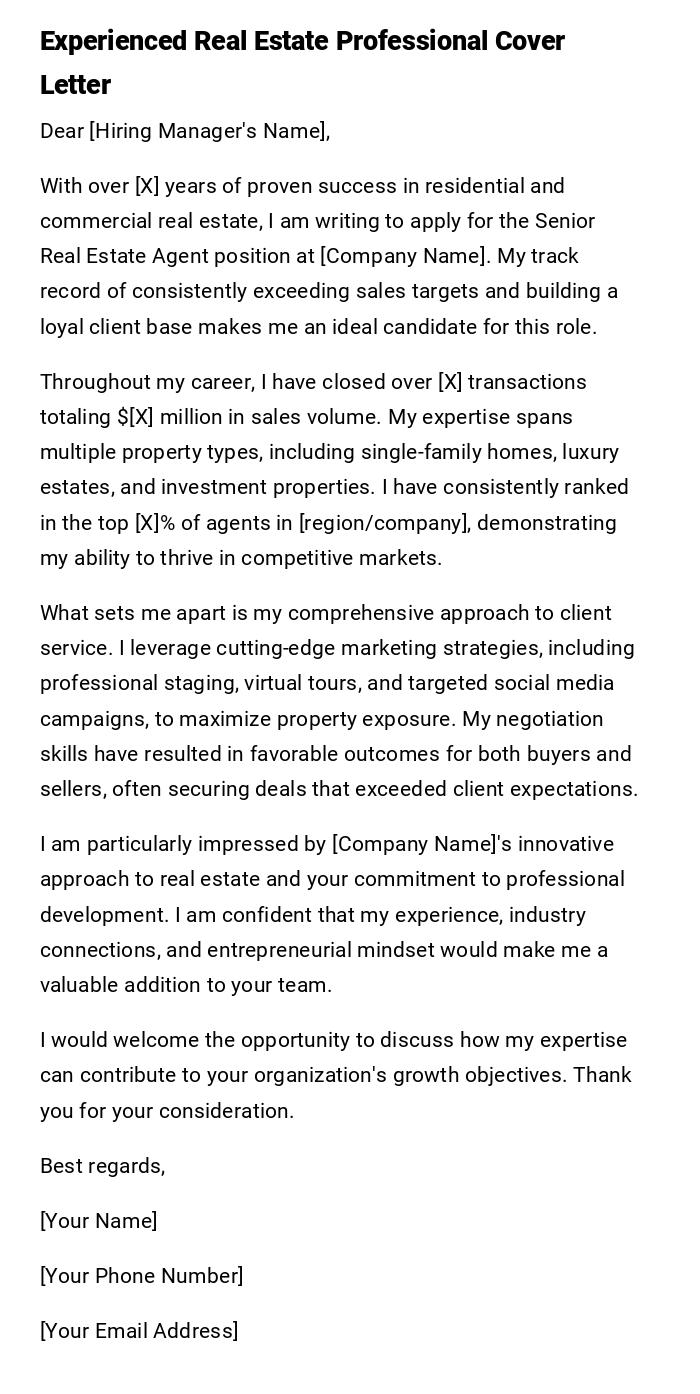 Experienced Real Estate Professional Cover Letter Experienced Real Estate Professional Cover Letter