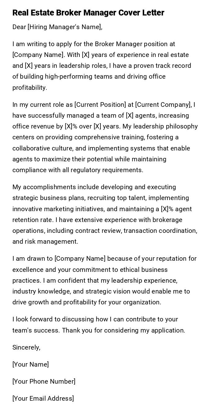 Real Estate Broker Manager Cover Letter Real Estate Broker Manager Cover Letter