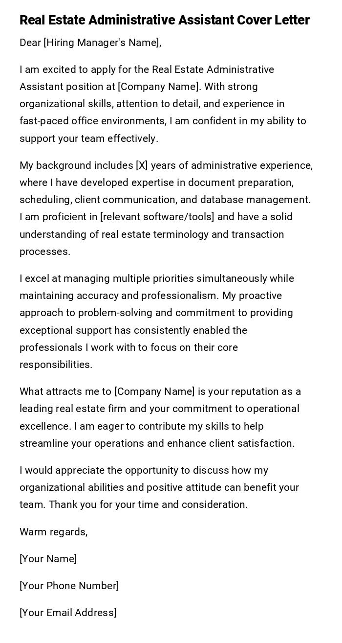 Real Estate Administrative Assistant Cover Letter Real Estate Administrative Assistant Cover Letter