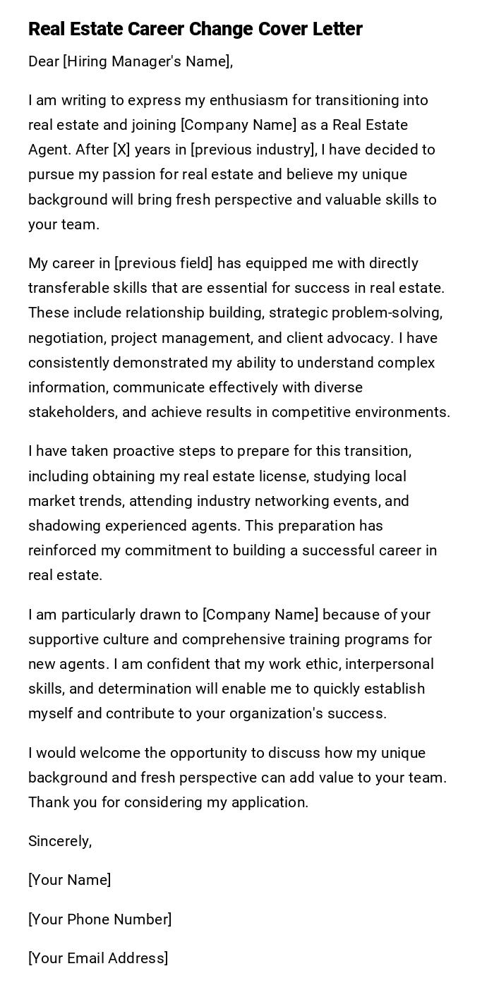 Real Estate Career Change Cover Letter Real Estate Career Change Cover Letter