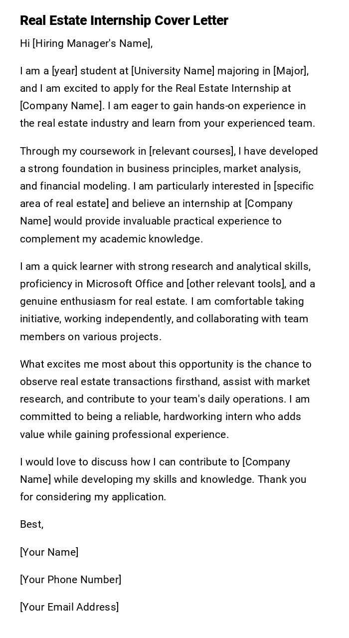 Real Estate Internship Cover Letter Real Estate Internship Cover Letter
