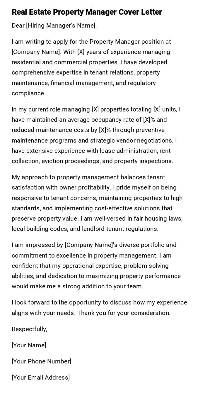 Real Estate Property Manager Cover Letter Real Estate Property Manager Cover Letter