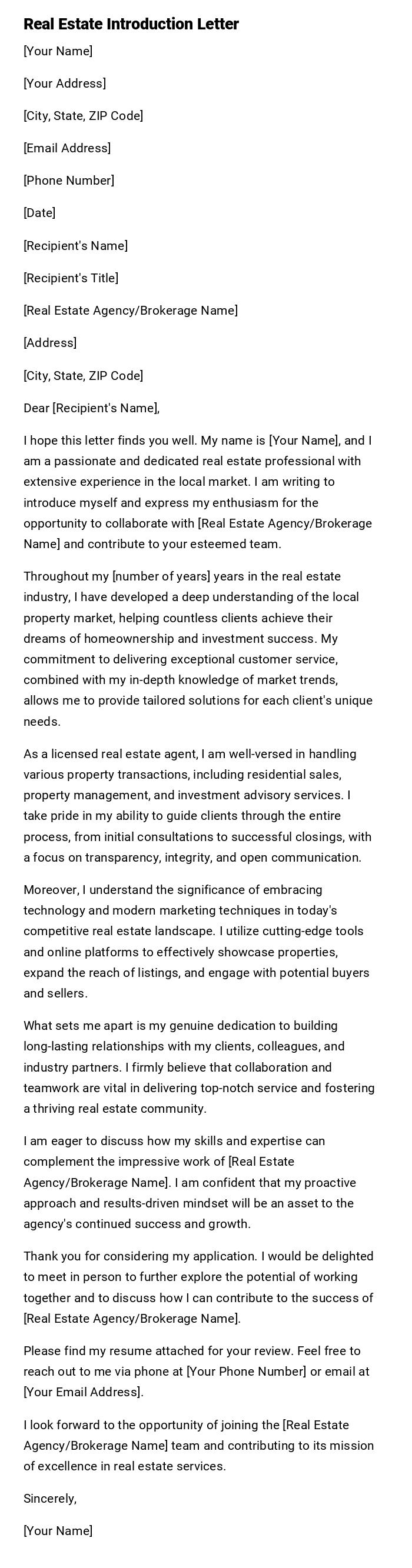 Real Estate Introduction Letter