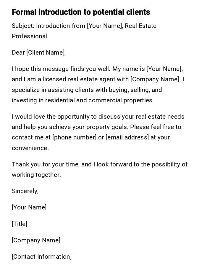 Formal introduction to potential clients Formal introduction to potential clients