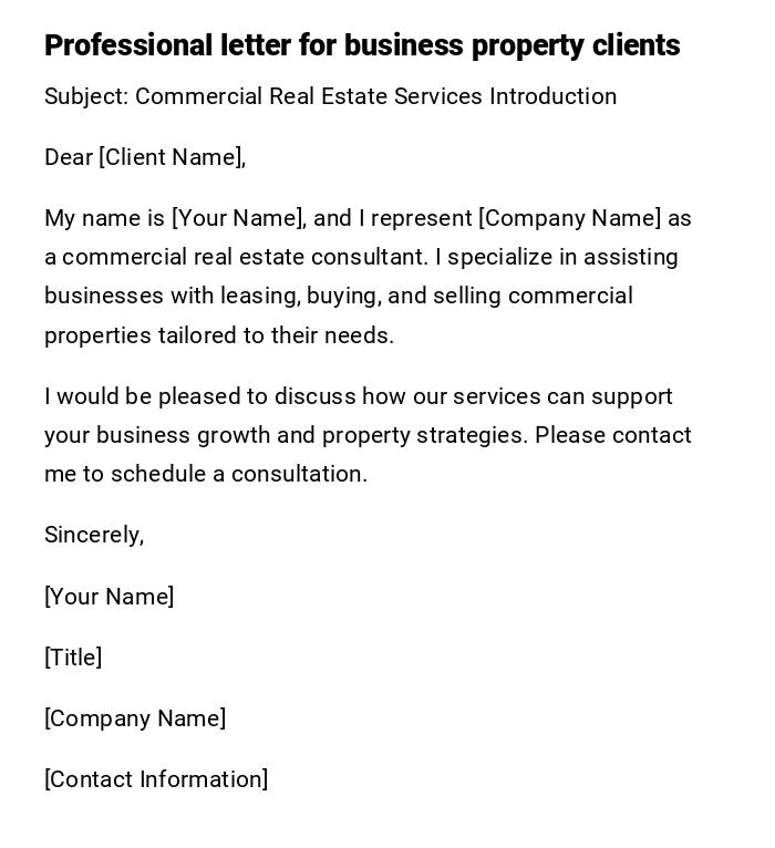 Professional letter for business property clients Professional letter for business property clients