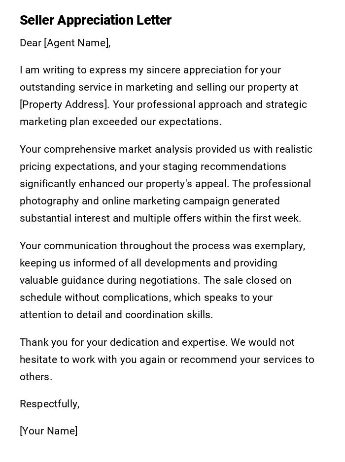 Seller Appreciation Letter Seller Appreciation Letter