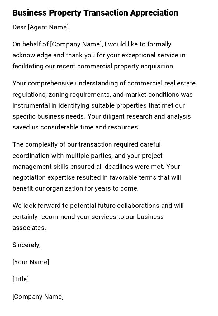 Business Property Transaction Appreciation Business Property Transaction Appreciation