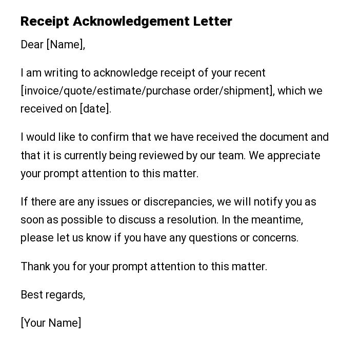 Receipt Acknowledgement Letter