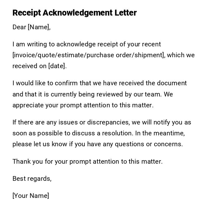 Receipt Acknowledgement Letter