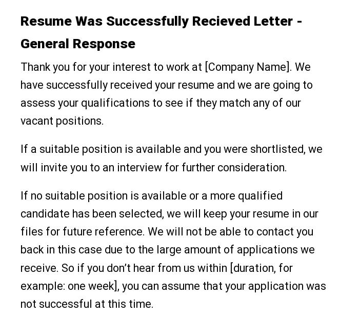 Resume Was Successfully Recieved Letter - General Response