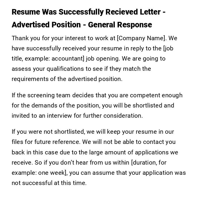 Resume Was Successfully Recieved Letter - Advertised Position - General Response