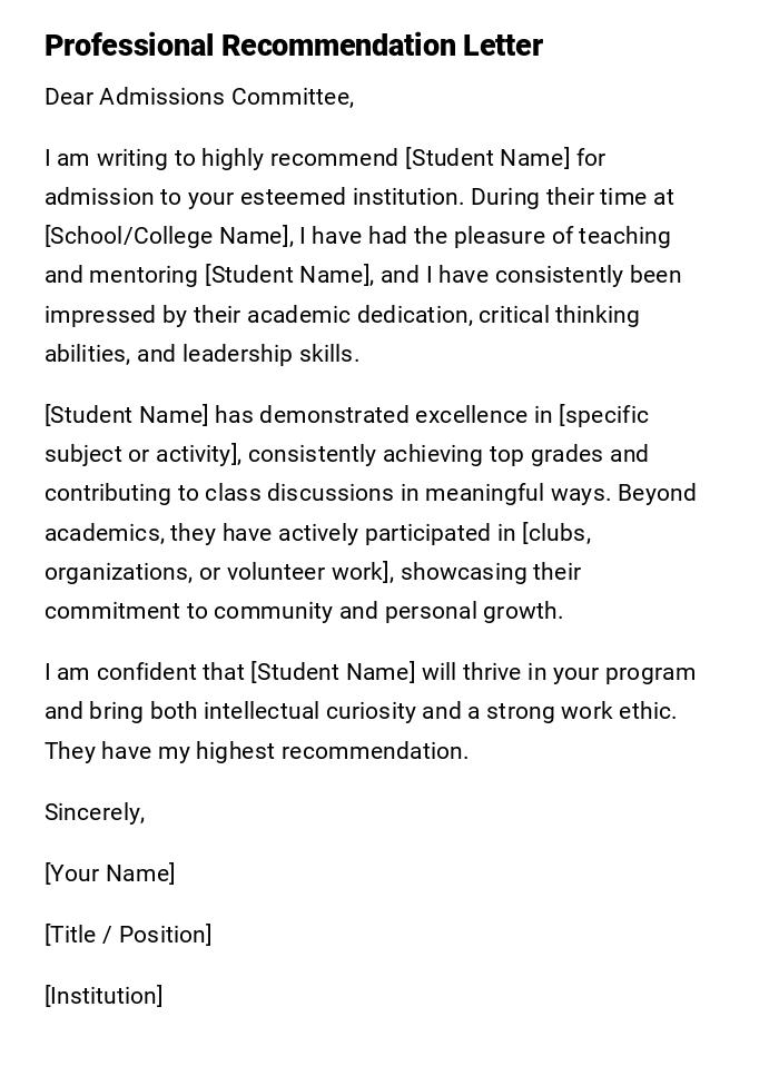 Professional Recommendation Letter Professional Recommendation Letter