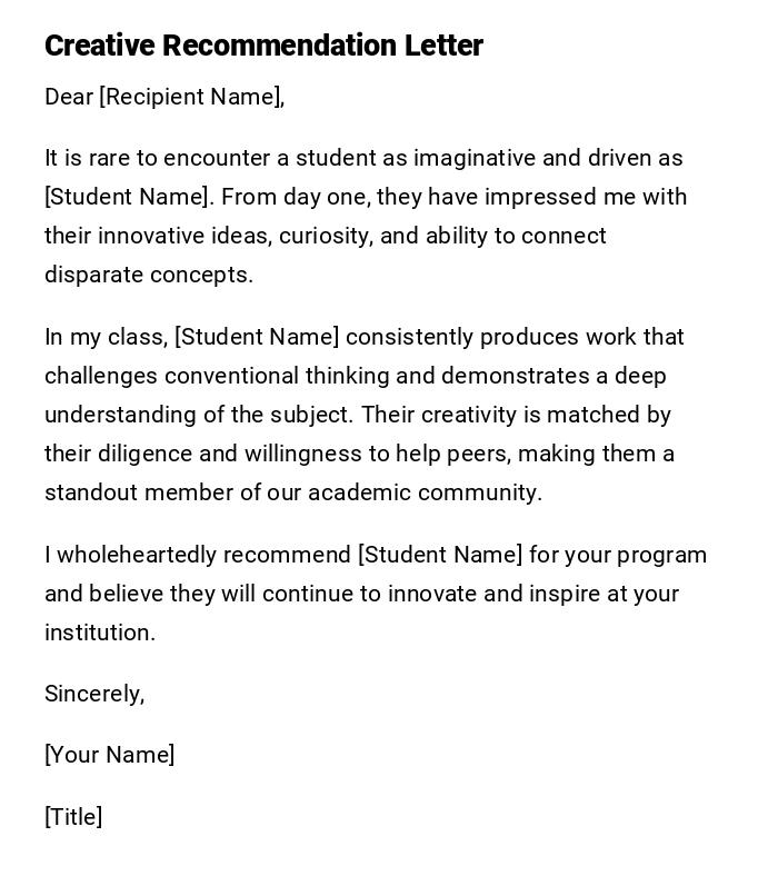 Creative Recommendation Letter Creative Recommendation Letter