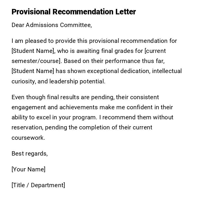 Provisional Recommendation Letter Provisional Recommendation Letter