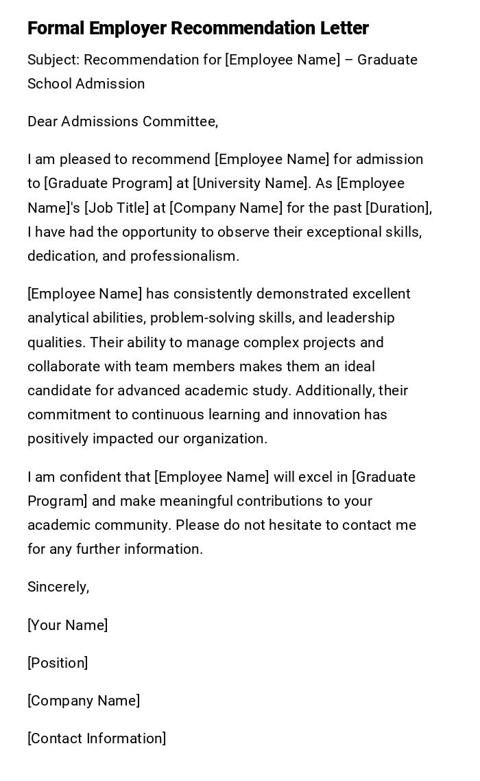 Formal Employer Recommendation Letter Formal Employer Recommendation Letter