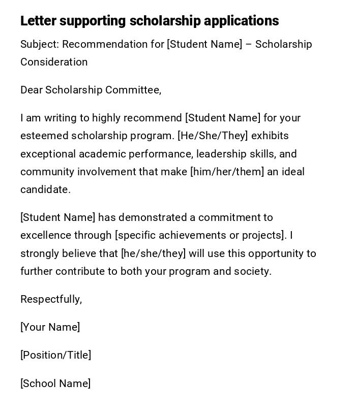 Letter supporting scholarship applications Letter supporting scholarship applications