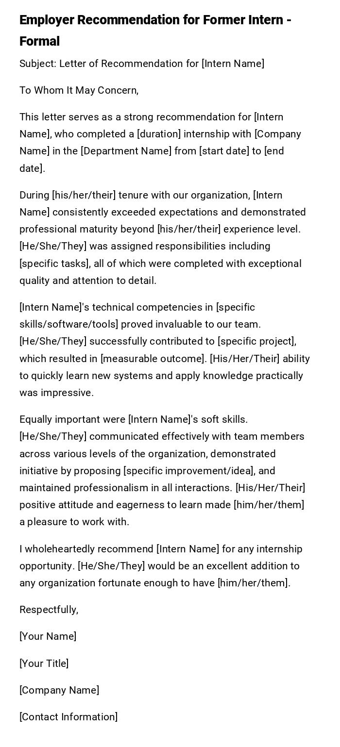 Employer Recommendation for Former Intern - Formal Employer Recommendation for Former Intern - Formal