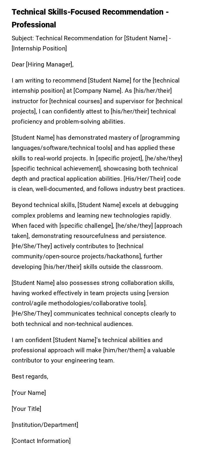 Technical Skills-Focused Recommendation - Professional Technical Skills-Focused Recommendation - Professional