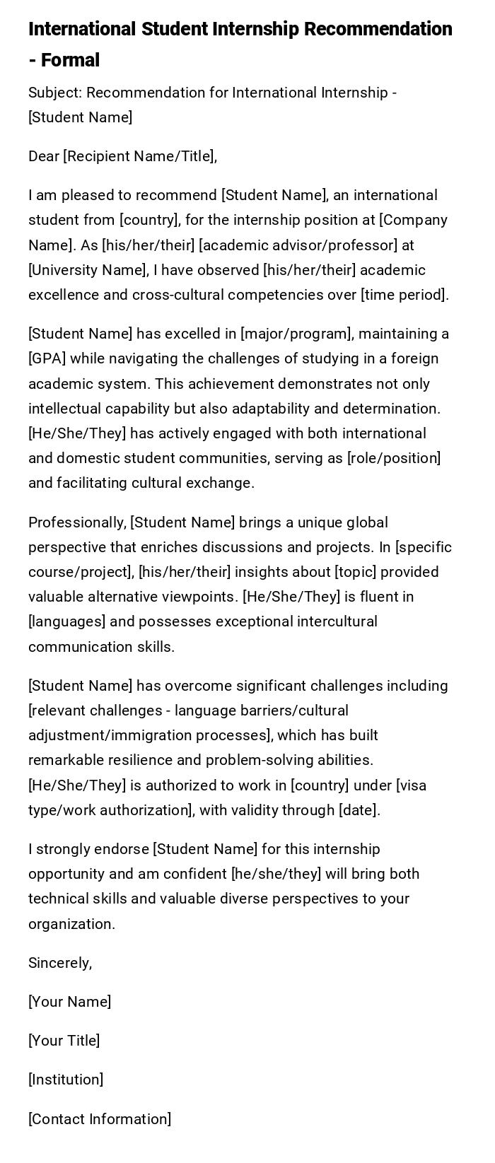 International Student Internship Recommendation - Formal International Student Internship Recommendation - Formal