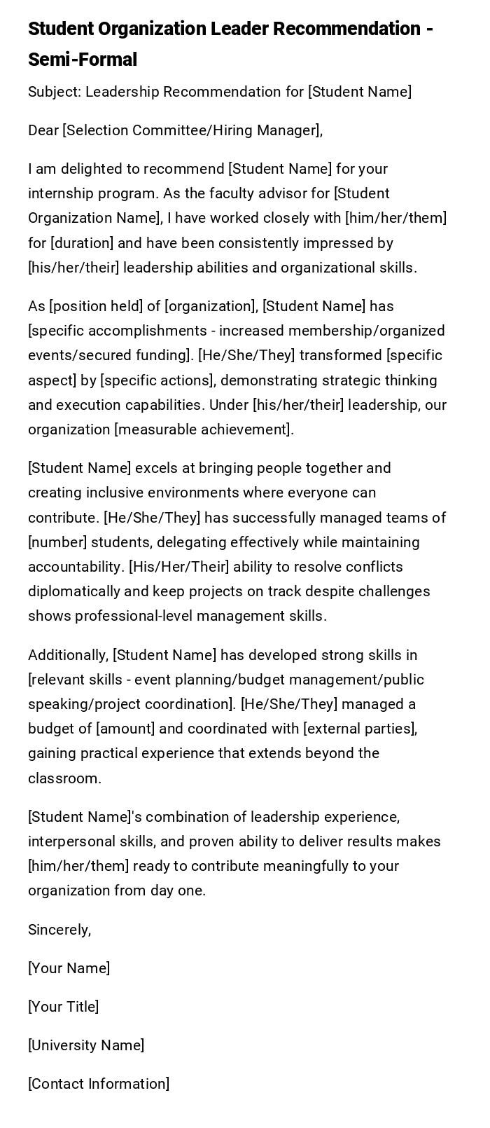 Student Organization Leader Recommendation - Semi-Formal Student Organization Leader Recommendation - Semi-Formal