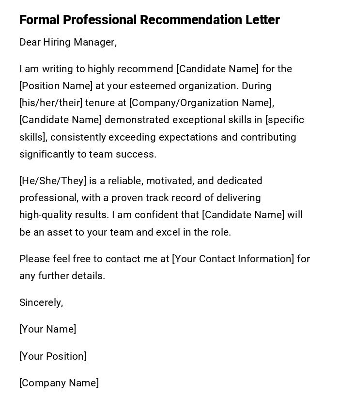 Formal Professional Recommendation Letter