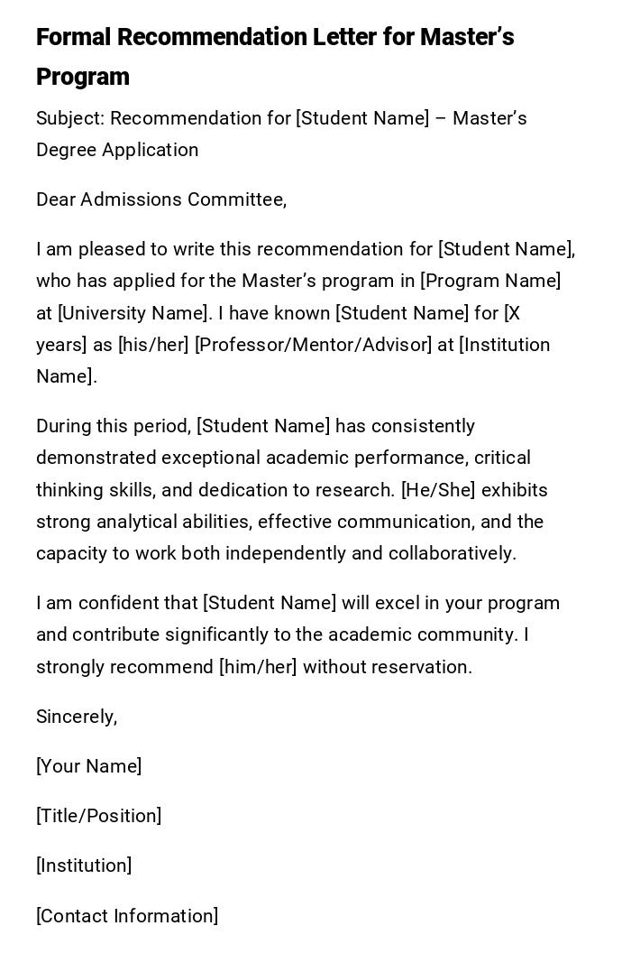 Formal Recommendation Letter for Master’s Program Formal Recommendation Letter for Master’s Program