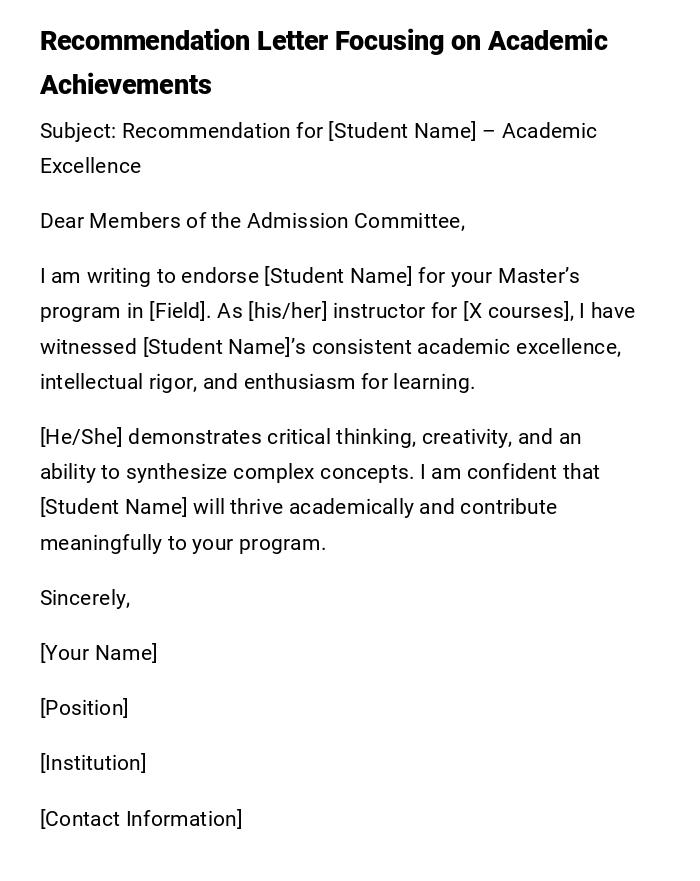Recommendation Letter Focusing on Academic Achievements Recommendation Letter Focusing on Academic Achievements