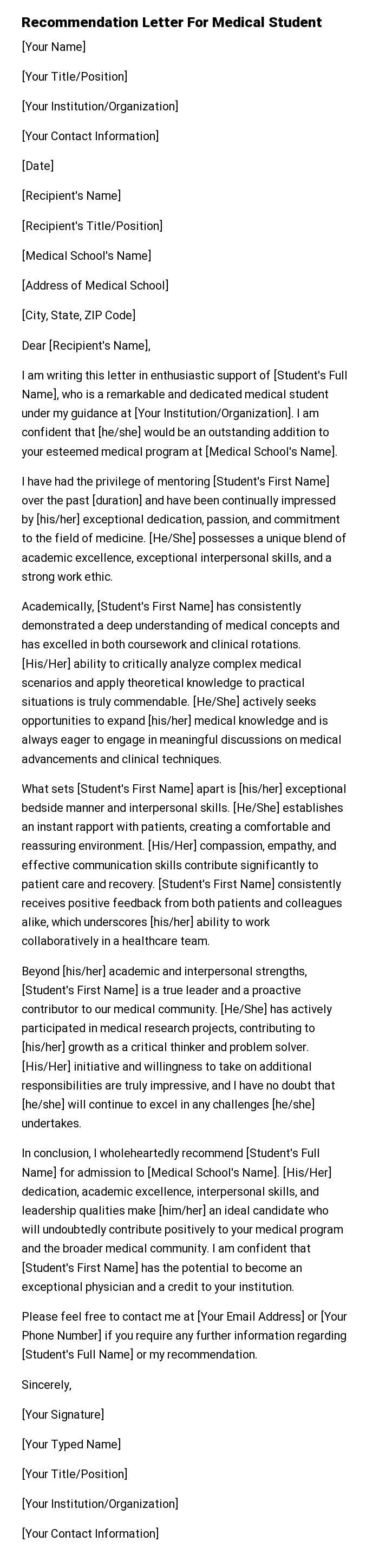 Recommendation Letter For Medical Student
