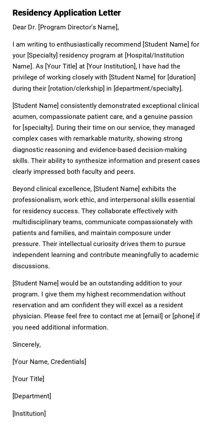 Residency Application Letter Residency Application Letter