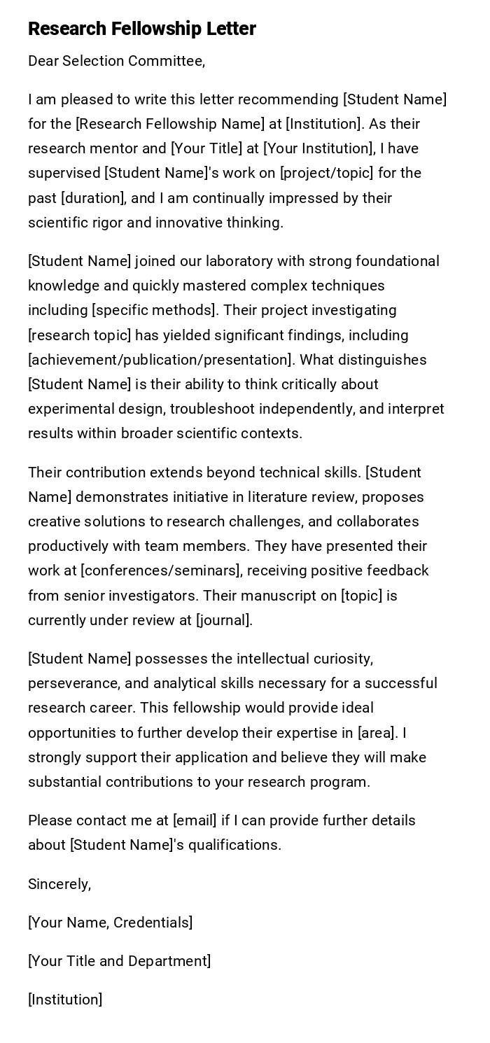 Research Fellowship Letter Research Fellowship Letter